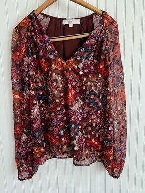 LOFT Floral Paisley V-Neck Long Sleeve Blouse with Jewel Tones Size S